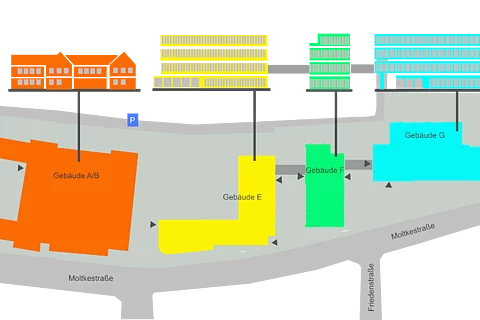 Der Lageplan der vier Schulgebäude zwischen Zeller Straße und Hindenburgstraße
