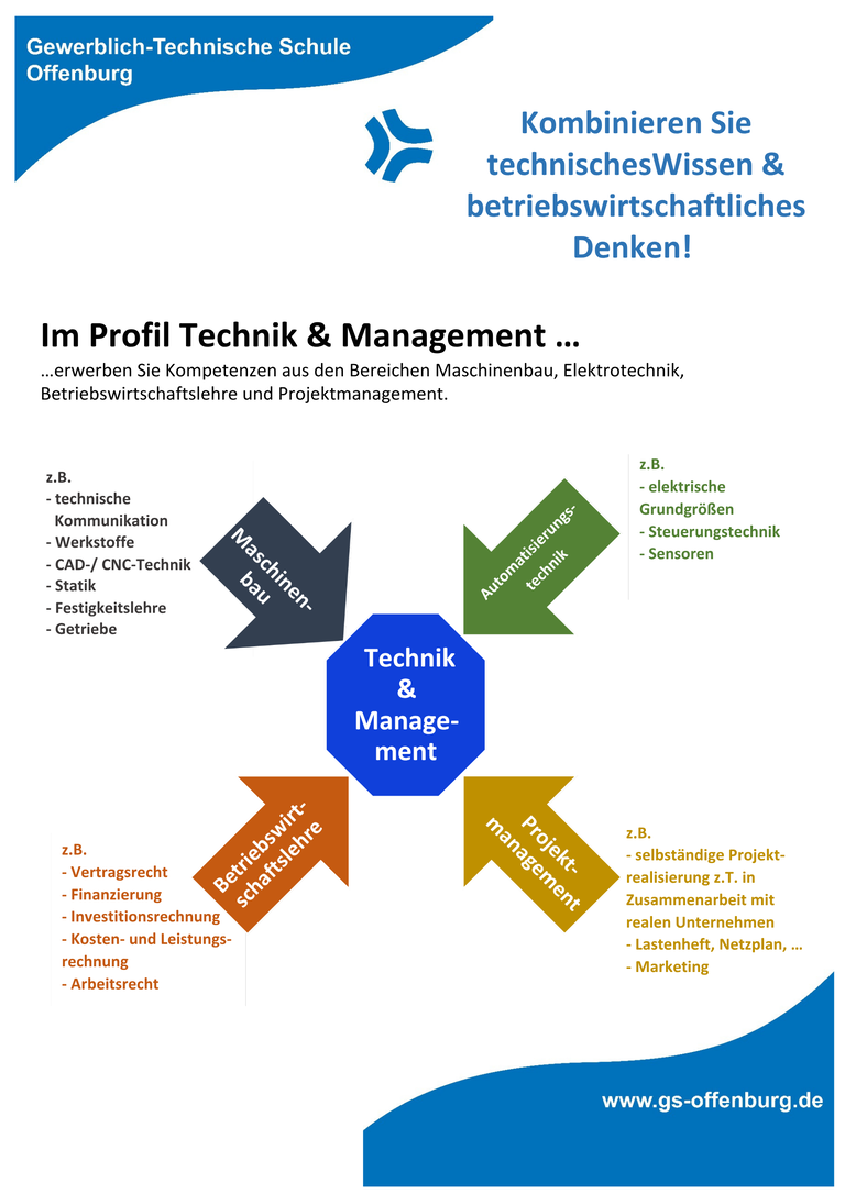 Das Bild zeigt ein Plakat des Technischen Gymnasiums für das Profil Technik und Management.