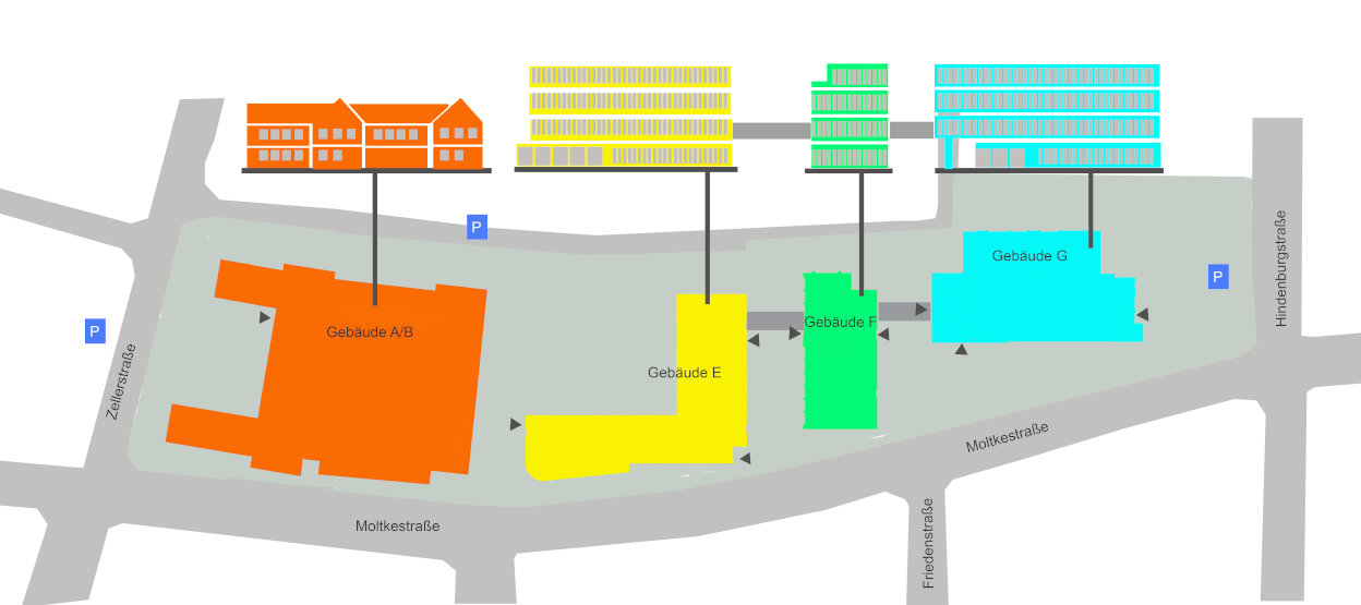 Der Lageplan der vier Schulgebäude zwischen Zeller Straße und Hindenburgstraße