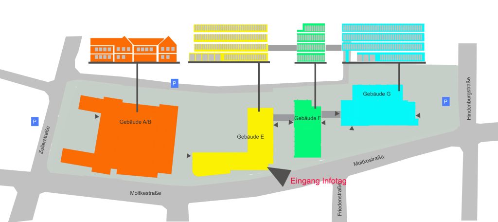 Das Bild zeigt den Grundrissplan des Schulgeländes und die Lage des Eingangs